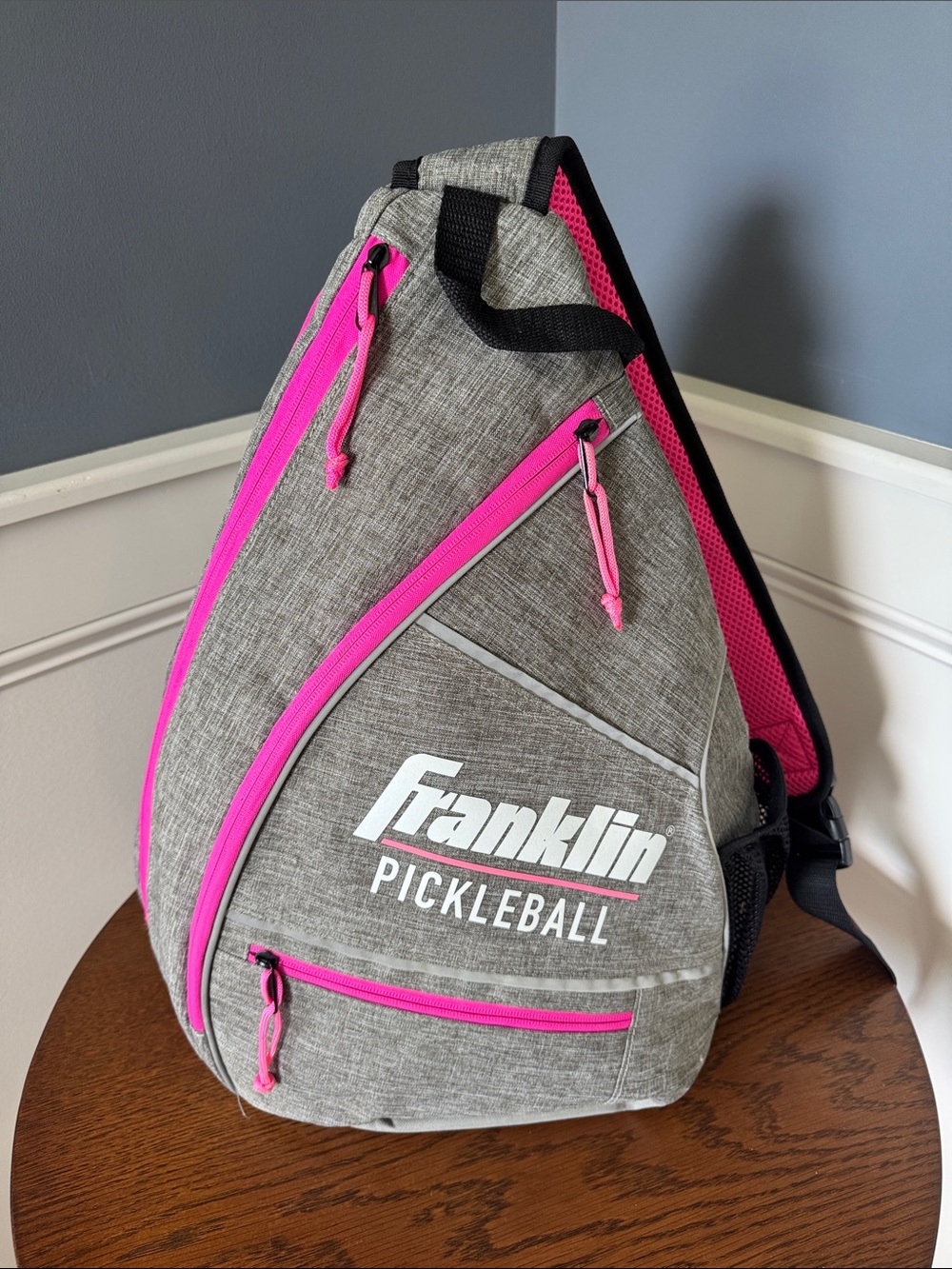 Franklin Pickleball Sling Bag in Gray with Pink Accents